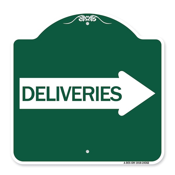 Signmission Deliveries With Right Arrow, Green & White Aluminum Architectural Sign, 18" x 18", GW-1818-24362 A-DES-GW-1818-24362 - main